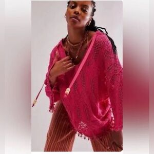 Free People Long Beach Crochet Hoodie Tasseled Scalloped Pink Rose